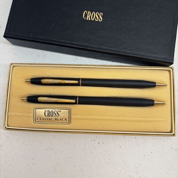 Cross Classic Black & Gold Ballpoint Pen/Pencil Set 2501 W/Box Blue Ink - Picture 3 of 4